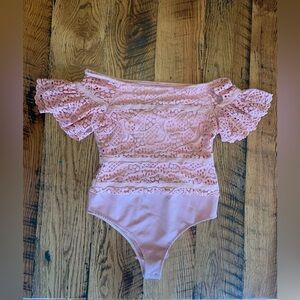 aijek body suit, mae lace off shoulder bodysuit, pink bodysuit coquette